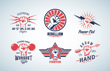 Abstract Vector Fists Logo Set. Different Concepts with Hand Emblem or Sign. Retro Style and Typography.