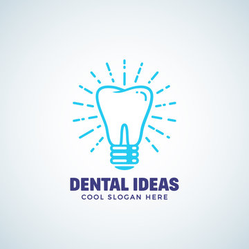 Dental Ideas Abstract Vector Logo Template with Modern Typography. Tooth and Light Bulb Concept Label. Stomatology Business or Clinic Emblem. Dentistry Icon.