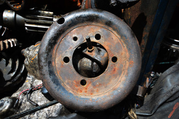 Pile of old motor parts scrap metal for recycling