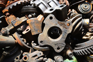 Pile of old motor parts scrap metal for recycling