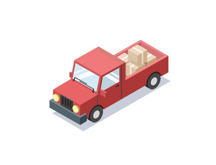 Obraz premium Vector isometric red wagon car with boxes, minivan, trucks for cargo transportation, delivery car icon, 3D flat business illustration