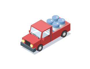 Vector isometric red wagon car with blue barrels, minivan, trucks for cargo transportation, delivery car icon, 3D flat business illustration