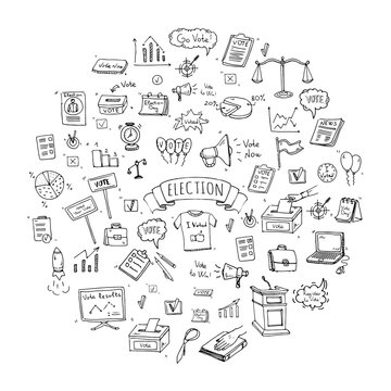Hand drawn doodle Vote icons set. Vector illustration. Election symbols collection. Cartoon various voting elements: hand putting paper in the ballot box, speaker, scale, calendar, infographics, case.