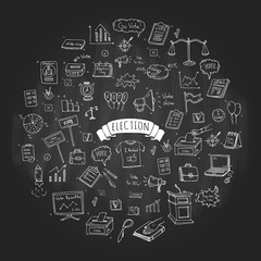 Hand drawn doodle Vote icons set. Vector illustration. Election symbols collection. Cartoon various voting elements: hand putting paper in the ballot box, speaker, scale, calendar, infographics, case.