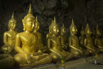 GOLDEN BUDDHA IMAGES
Golden Buddha images are placed peacefully with a spotlight shining in a darkness.