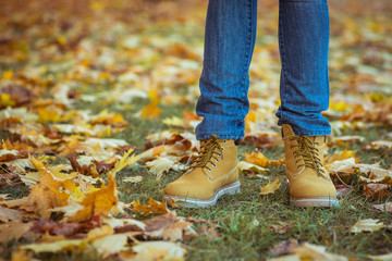 Warm yellow boots. Walking in autumn leaves