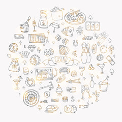 Hand drawn doodle set of Casino icons. Vector illustration set. Cartoon Gambling symbols. Sketchy game elements collection: bet, jackpot, cards, chips, coins, darts, roulette, poker, money, slot.