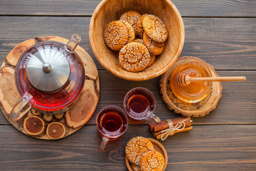 Honey ginger cookies on a rustic background, selective focus. Tea party.
