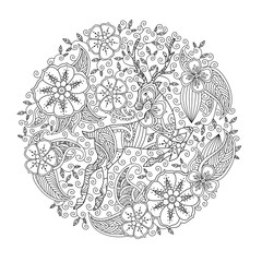 Obraz premium Coloring page with running deer and floral circle.