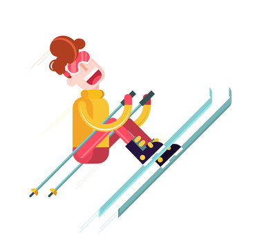 Young Boy Skiing. Isolated Flat Vector Illustration on White Background.
