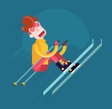 Young Boy Skiing. Isolated Flat Vector Illustration on Dark Background.