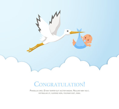 Cartoon Stork In Sky With Baby. Design Template For Greeting Card, Baby Shower Invitation, Banner. Congratulations To The Newborn.