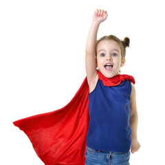 Adorable little girl flying like a superhero in blue t-shirt and