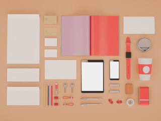 Red branding mockup. Template set on black background. 3d rendering. 3D illustration