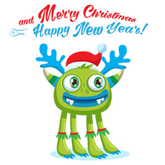 Green Christmas Monster Vector Card. Holiday Cartoon Mascot. Merry Christmas, Happy New Year Congratulation Decoration Design Element. Good For Xmas Card, Banner.