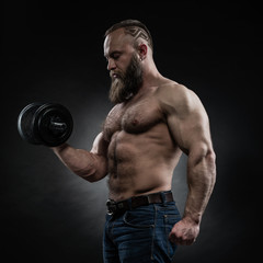 Fototapeta na wymiar Power athletic bearded man in training pumping up muscles with d