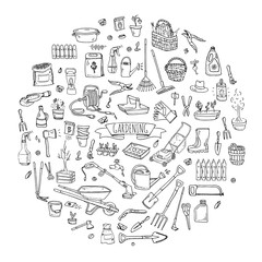 Hand drawn doodle set of Gardening icons. Vector illustration set. Cartoon Garden symbols. Sketchy elements collection: lawnmower, trimmer, spade, fork, rake, hoe, trug, wheelbarrow, hose reel.