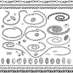 Set with bracelets, beads, chains, woman fashion. Chains are endless, seamless pattern brushes.