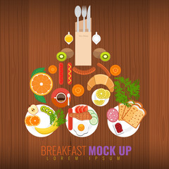 Vector breakfast concept with food and drinks with flat icons in creative composition mockup. Breakfast composition mock-up with wood background table