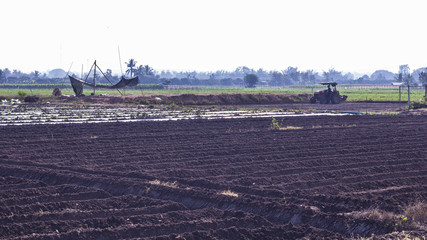 farmer plowing the soil on his tractor, asia Thailand