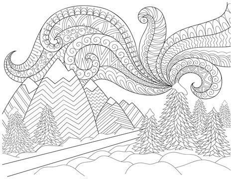 Doodle pattern in black and white. Winter Landscape - road,trees,mountains, northern lights, snow drifts. Landscape Pattern for coloring book. Winter mood - coloring book page for children and adults.