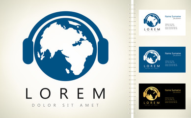 earth with headphones vector design with business card template editable.