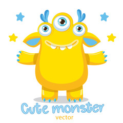 Funny Cute Monster Vector Illustration. Cartoon Yellow Monster Mascot. Friendly Monster Meme. True Happy Face.