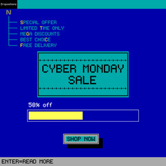 Cyber Monday sale background in old computer style. Vector illustration.