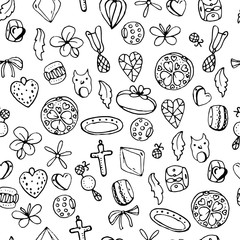 Seamless jewellery pattern with charms, beads, rings. Endless texture, white,black, moochrome