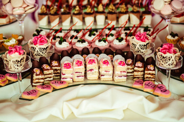 Cut cakes with pink and chocolate cream stand on the white buffe