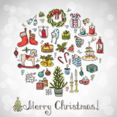 Set of hand drawn sketchy christmas elements Doodle vector illustration elements Candles gift boxes christmas tree wreath stocking candy canes cookie bells holly decoration calligraphy Merry Christmas