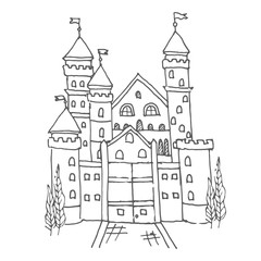 Hand drawn cartoon fairy tale castle icon. Vector illustration. Doodle style Castle for princess. Sketch tree, fairytale, game icon, cute magic kingdom. Old building facade. Tower with flags.