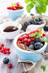Delicious chocolate dessert with berries and mint served in ramekin.