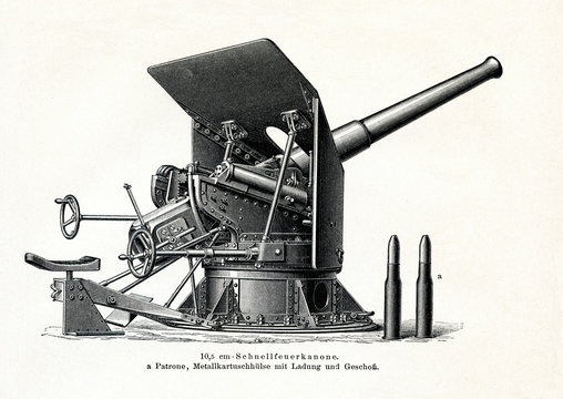 Quick-firing 10,5 cm  naval gun with cartridges (from Meyers Lexikon, 1895, 7/440/441)