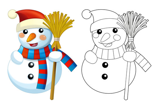 Happy cartoon snowmen - smiling and watching - with coloring page - isolated - illustration for children