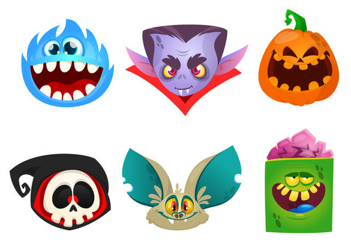 Halloween characters icon set. Cartoon head avatars of pumpkin Jack o lntern, zombie, vampire, skull, bat and furry monster.