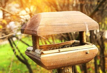 bird feeder manger wooden close up photo