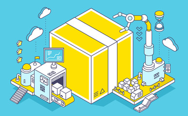 Vector illustration of box and three dimensional mechanism with