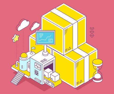 Vector illustration of yellow box, hourglass and three dimension
