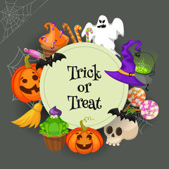 Trick or Treat. Traditional sweets and candies for holiday Halloween. Halloween candies isolated on white background. Retro cartoon style vector illustration.