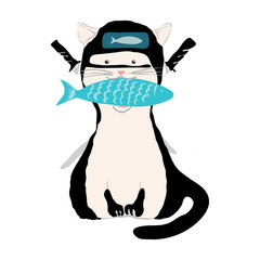 Cat wears a clothing of ninja. Cat holding a sausage in his mouth. Behind him are two swords - katanas. Picture stylized as watercolor.