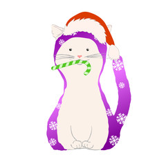 Cat in Santa hat and violet hood. Picture stylized as watercolor. Candy cane in the mouth of a cat. It can be used for greeting card. 