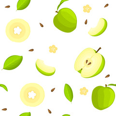Seamless vector pattern of bright fruit. White background with delicious green apples, whole, slice, half, slice, leaves. Illustration can be used for printing on fabric, textile in design packaging