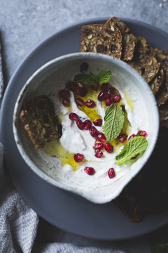 Spiced garlic yogurt dip with mint.