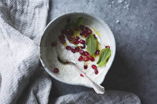Spiced garlic yogurt dip with mint.