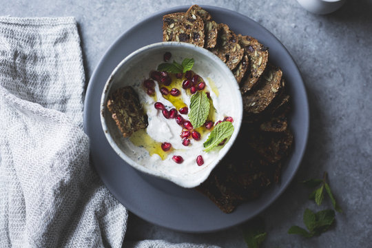 Spiced garlic yogurt dip with mint.