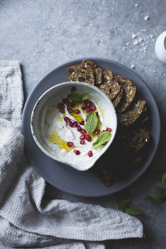 Spiced garlic yogurt dip with mint.