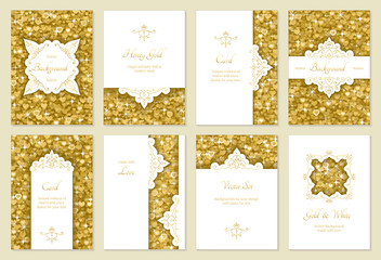 vector set, eight festive template with place for text, for your design invitation, greeting card etc. retro and glamour, gold
