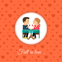 Fall in love couple sit at the table, valintines day card template with orange background