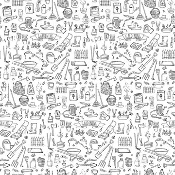 Seamless pattern Hand drawn doodle set of Gardening icons. Vector illustration set. Cartoon Garden symbols. Sketchy elements collection: lawnmower, trimmer, spade, fork, rake, hoe, trug, wheelbarrow